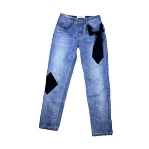 Hellessy Women 4 Tie Accent Paint Splatter Patch Denim Jean 99% Cotton Silk Trim